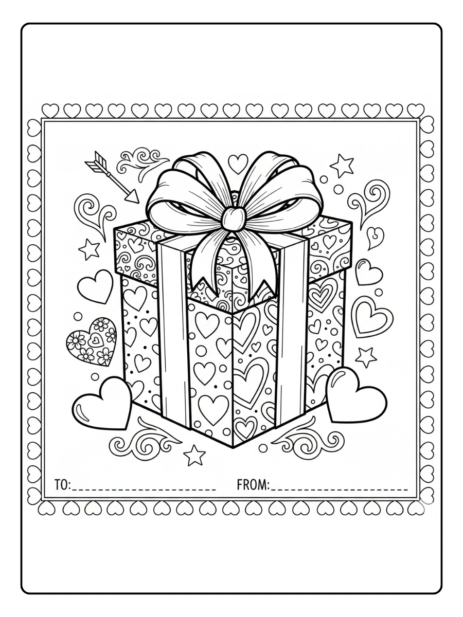 Valentine Cards Coloring Pages – Valentine Card with Gift Box Valentine Cards Coloring Pages – Valentine Card with Gift Box