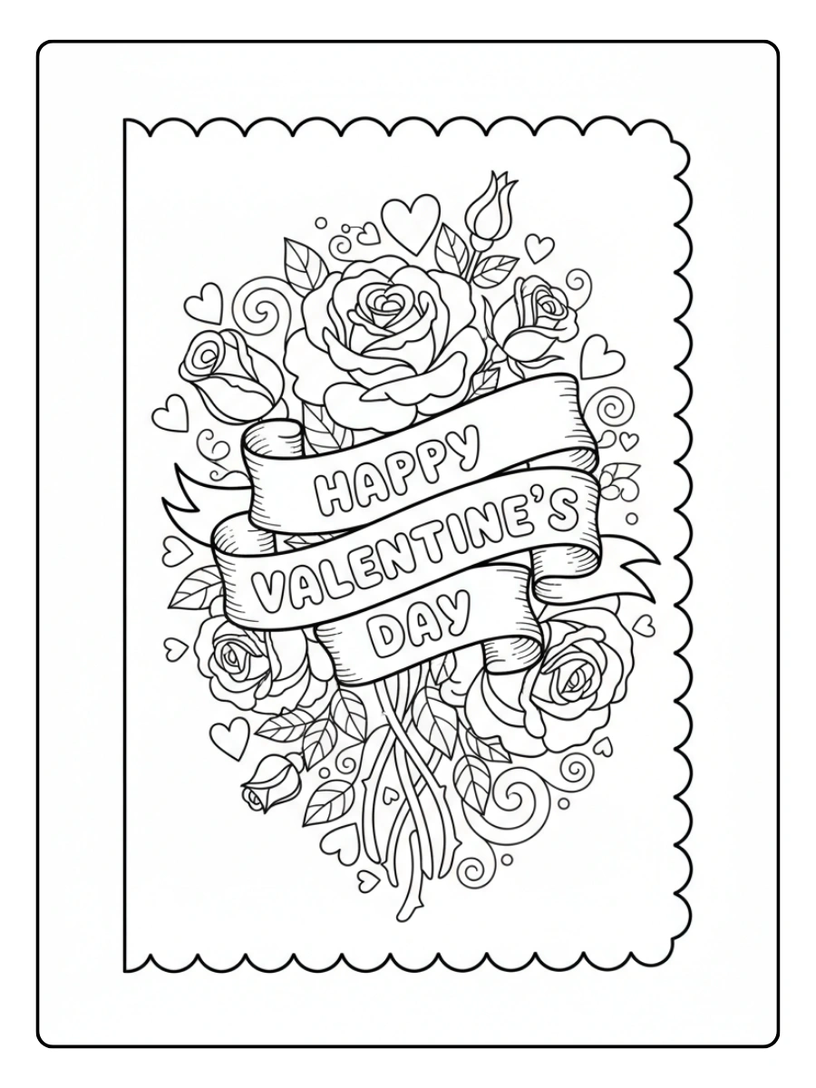 Valentine Cards Coloring Pages – Valentine Card with Roses Valentine Cards Coloring Pages – Valentine Card with Roses