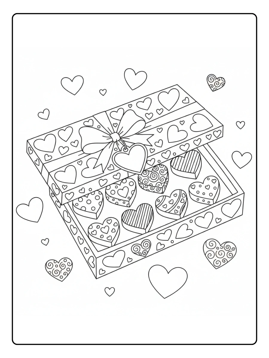 Valentine’s Day Chocolates Coloring Pages – Chocolate Gift Box with Hearts