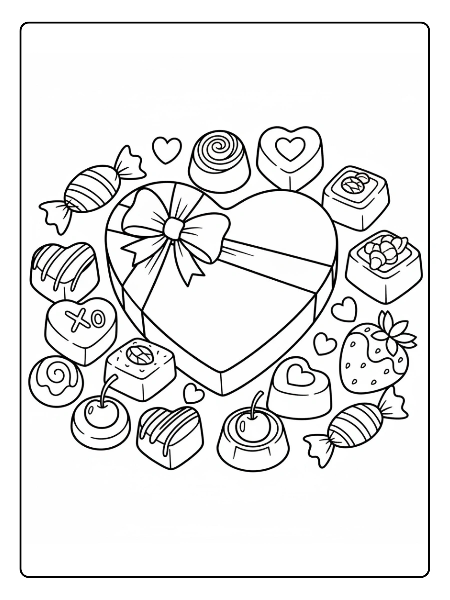 Valentine’s Day Chocolates Coloring Pages – Chocolate Treats Collection