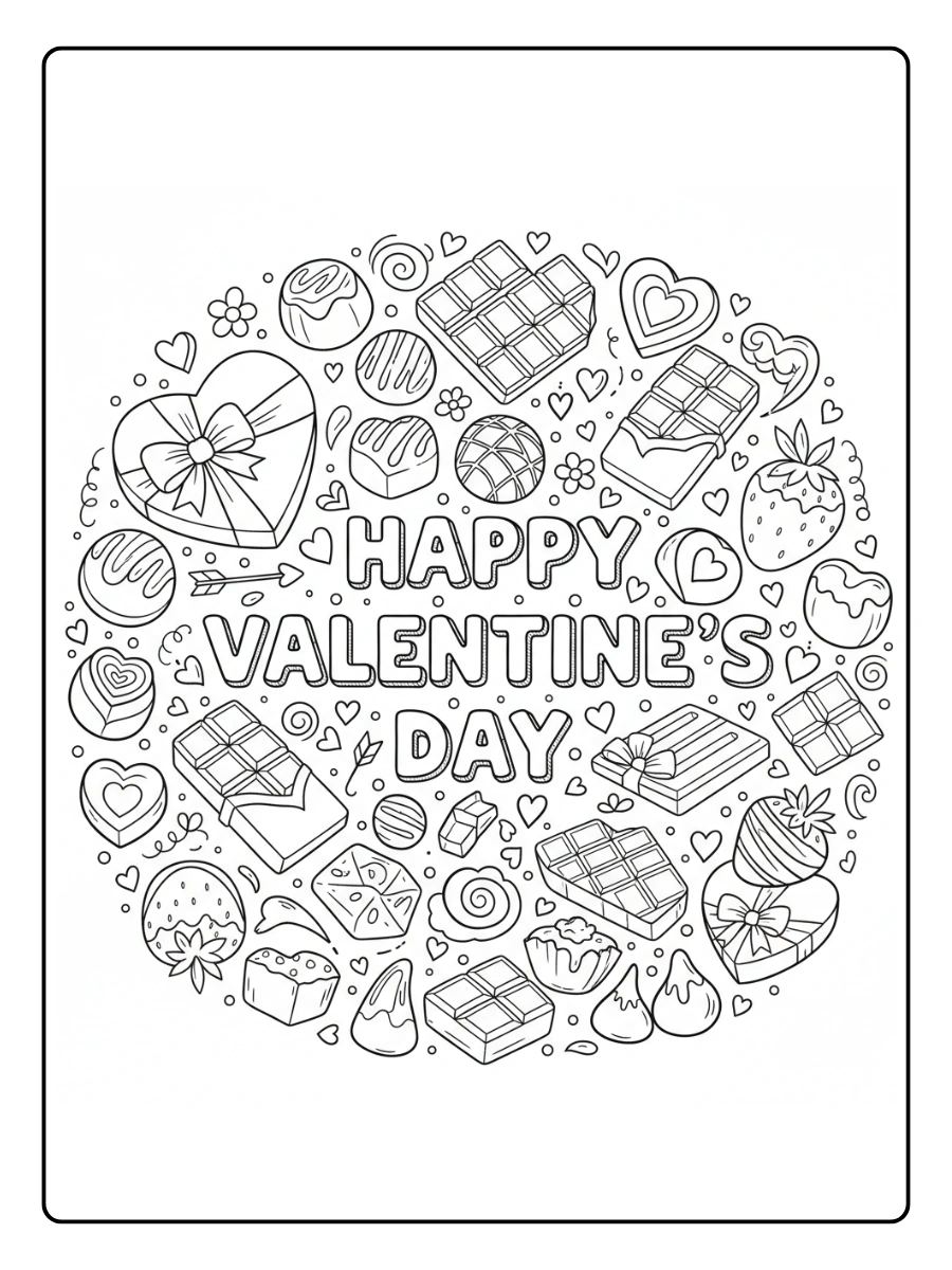 Valentine’s Day Chocolates Coloring Pages – Chocolate Valentine Doodles
