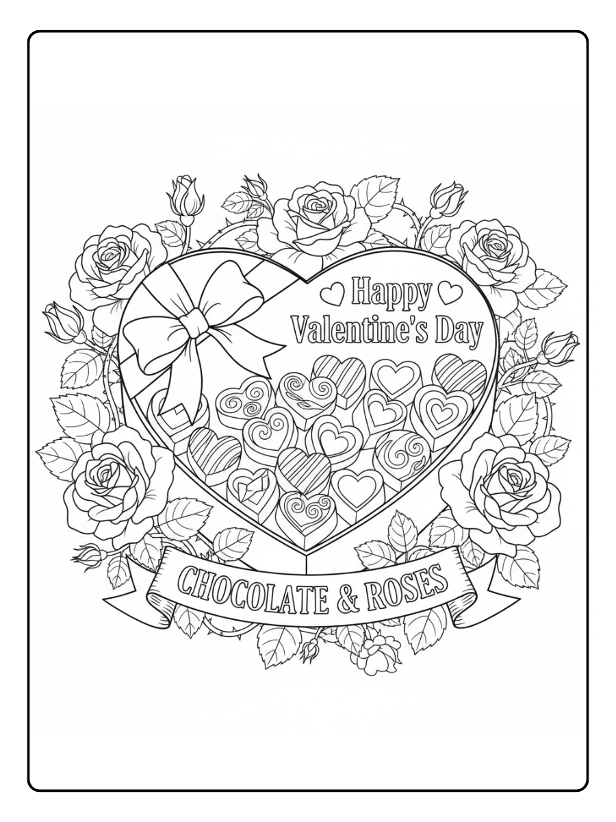 Valentine’s Day Chocolates Coloring Pages – Chocolate and Roses