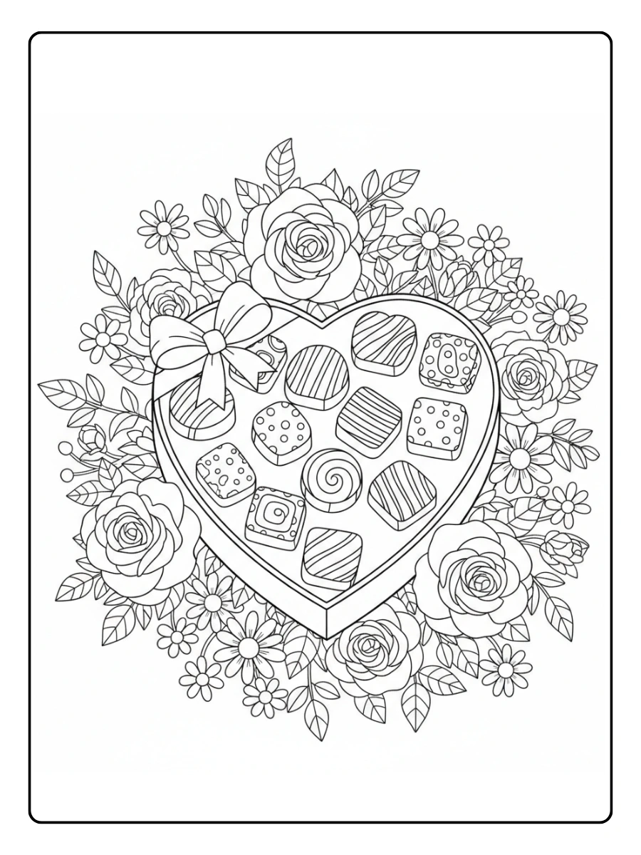 Valentine’s Day Chocolates Coloring Pages – Chocolate with Flowers