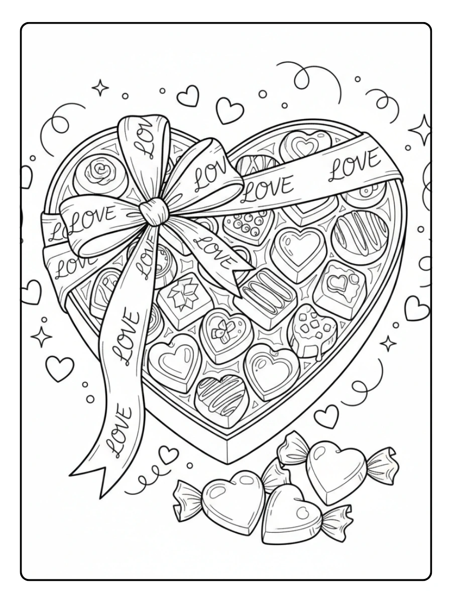 Valentine’s Day Chocolates Coloring Pages – Chocolate with Love Ribbon