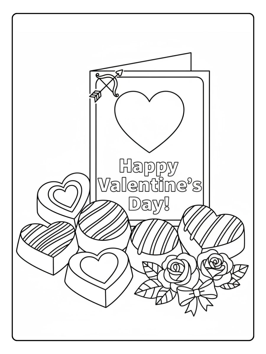 Valentine’s Day Chocolates Coloring Pages – Chocolate with Valentine Card