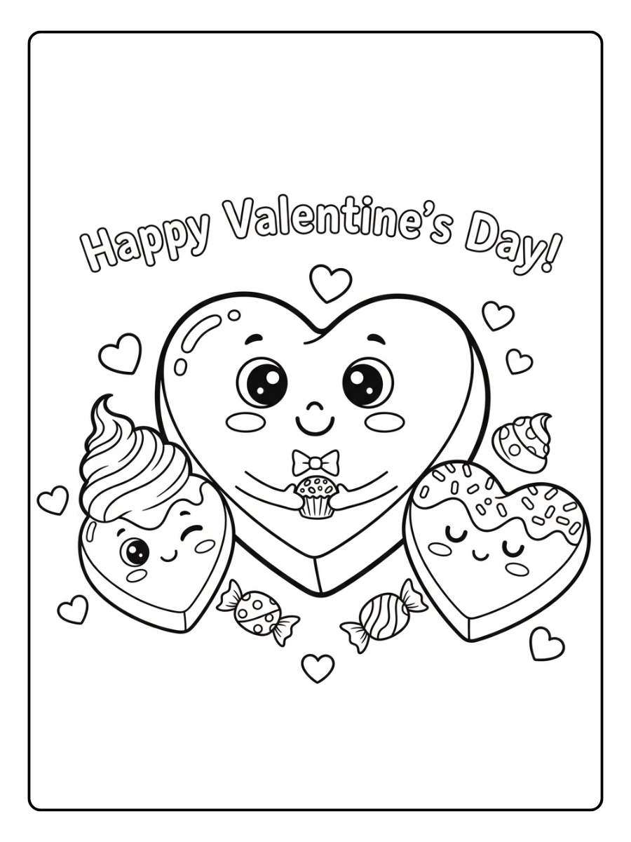 Valentine’s Day Chocolates Coloring Pages – Cute Chocolate Heart Faces