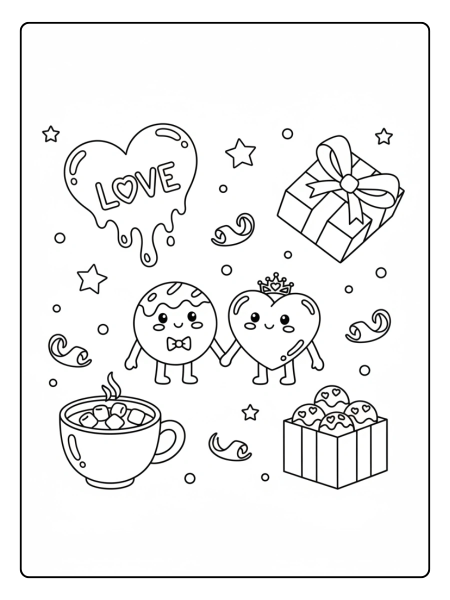 Valentine’s Day Chocolates Coloring Pages – Cute Chocolate Love Scene
