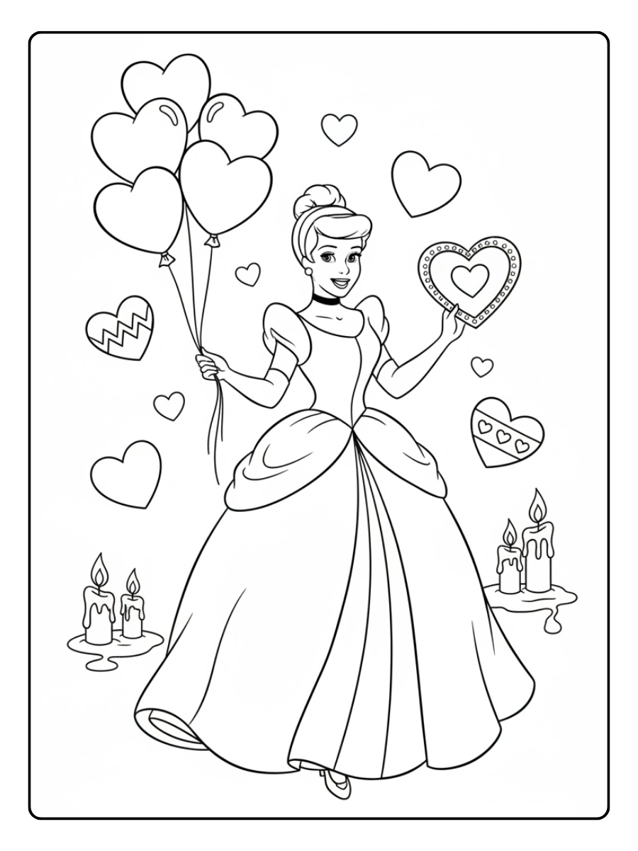 Valentines Day Disney Coloring Pages – Cinderella Valentine Hearts