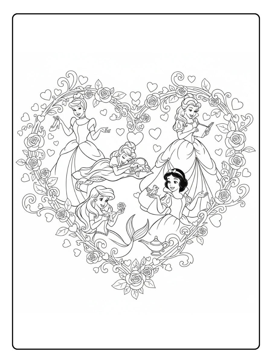 Valentines Day Disney Coloring Pages – Disney Princess Heart Frame