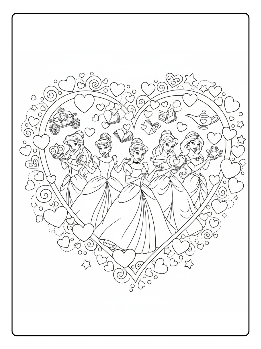 Valentines Day Disney Coloring Pages – Disney Princesses with Hearts