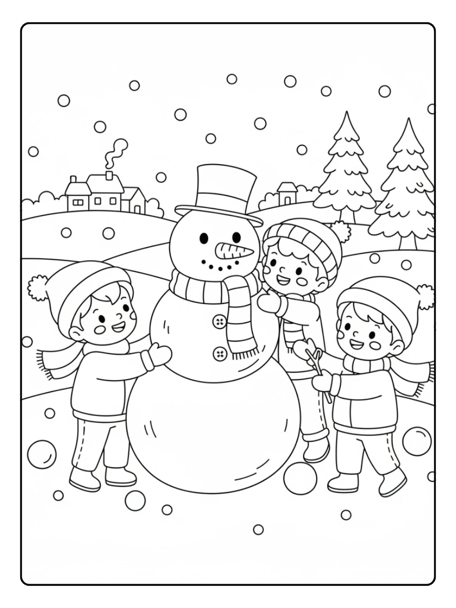 Winter Coloring Pages – Children Building a Snowman