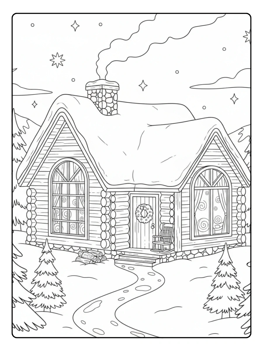 Winter Coloring Pages – Cozy Cabin in the Snow