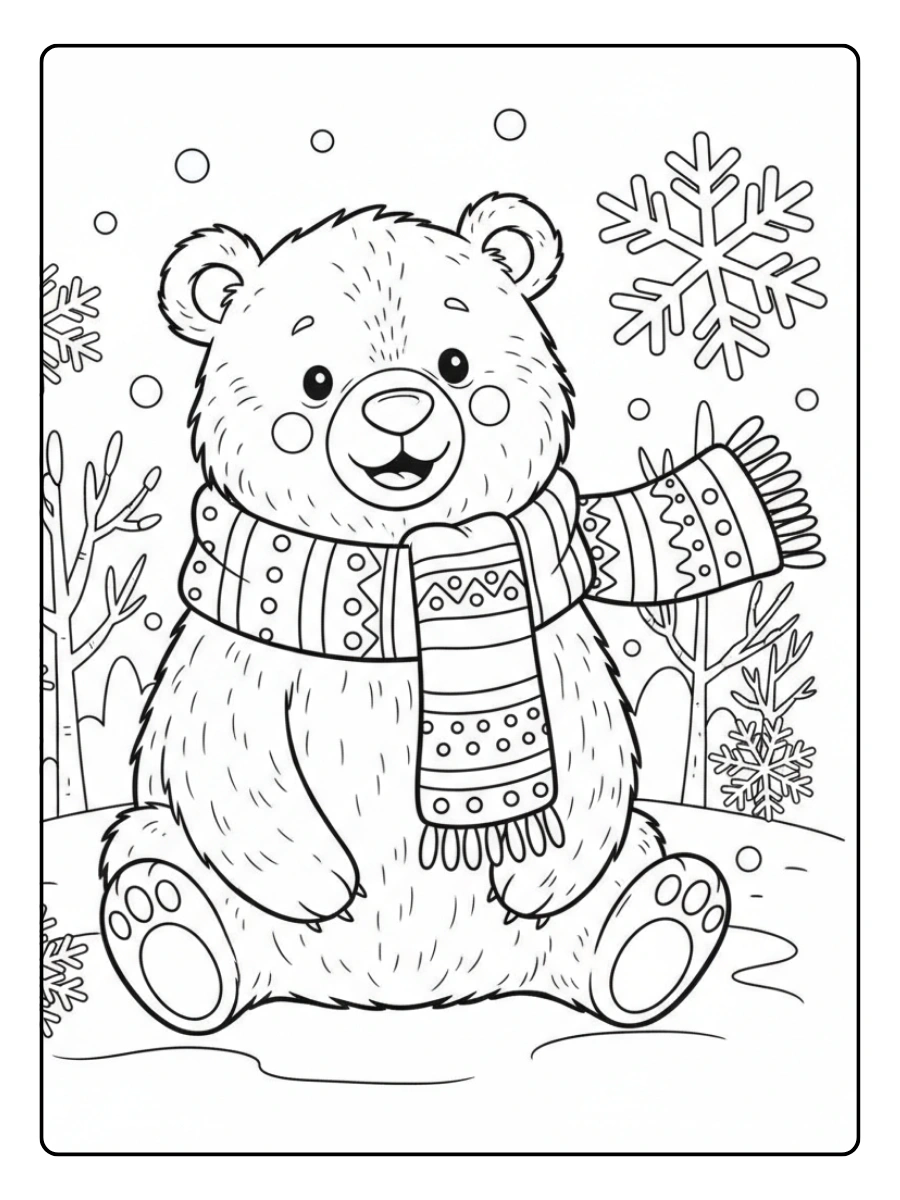 Winter Coloring Pages – Cute Bear in Winter Scarf