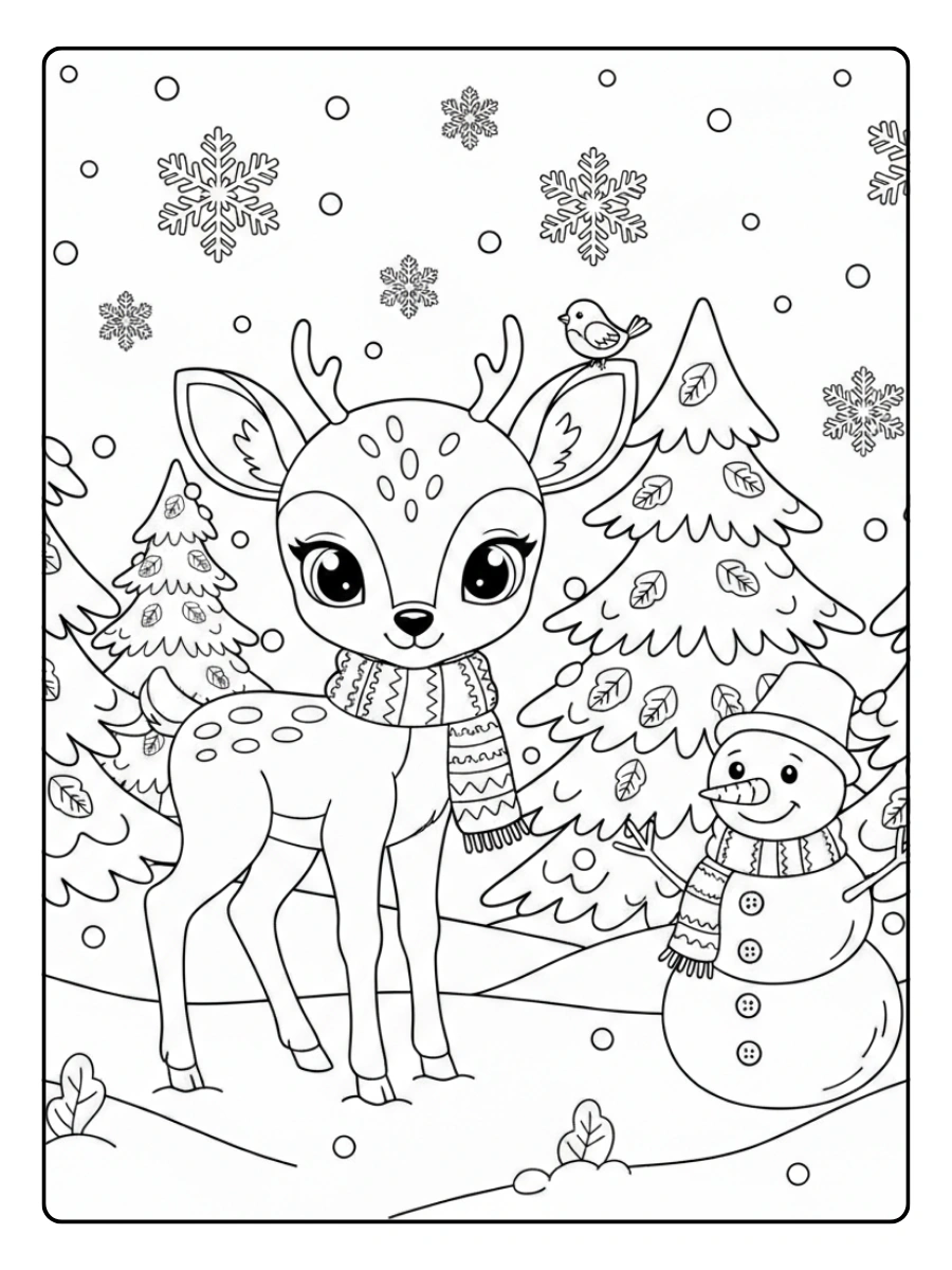 Winter Coloring Pages – Cute Deer in Winter Forest