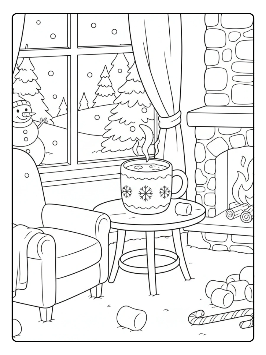 Winter Coloring Pages – Hot Cocoa Winter Scene