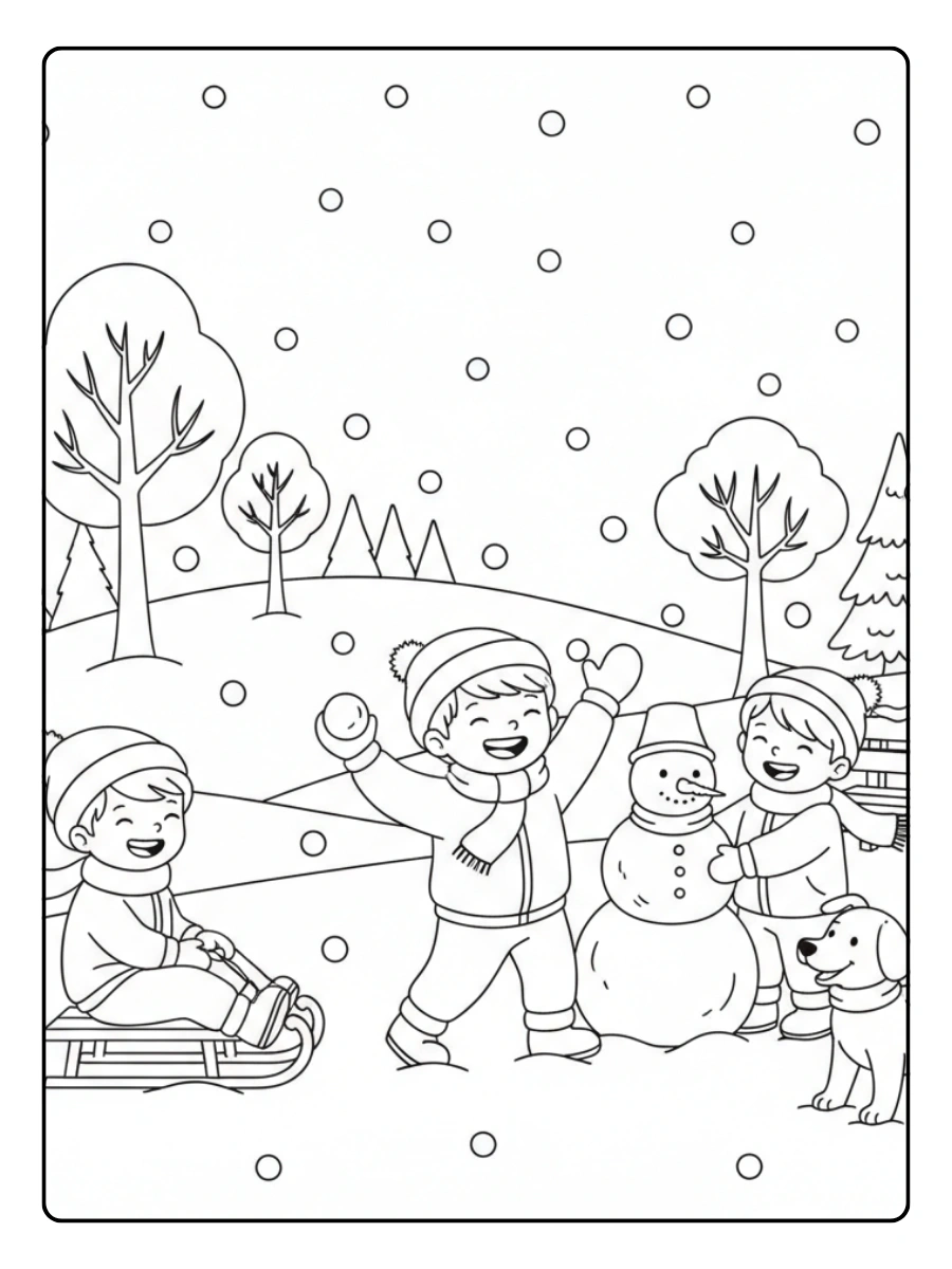 Winter Coloring Pages – Kids Playing in the Snow