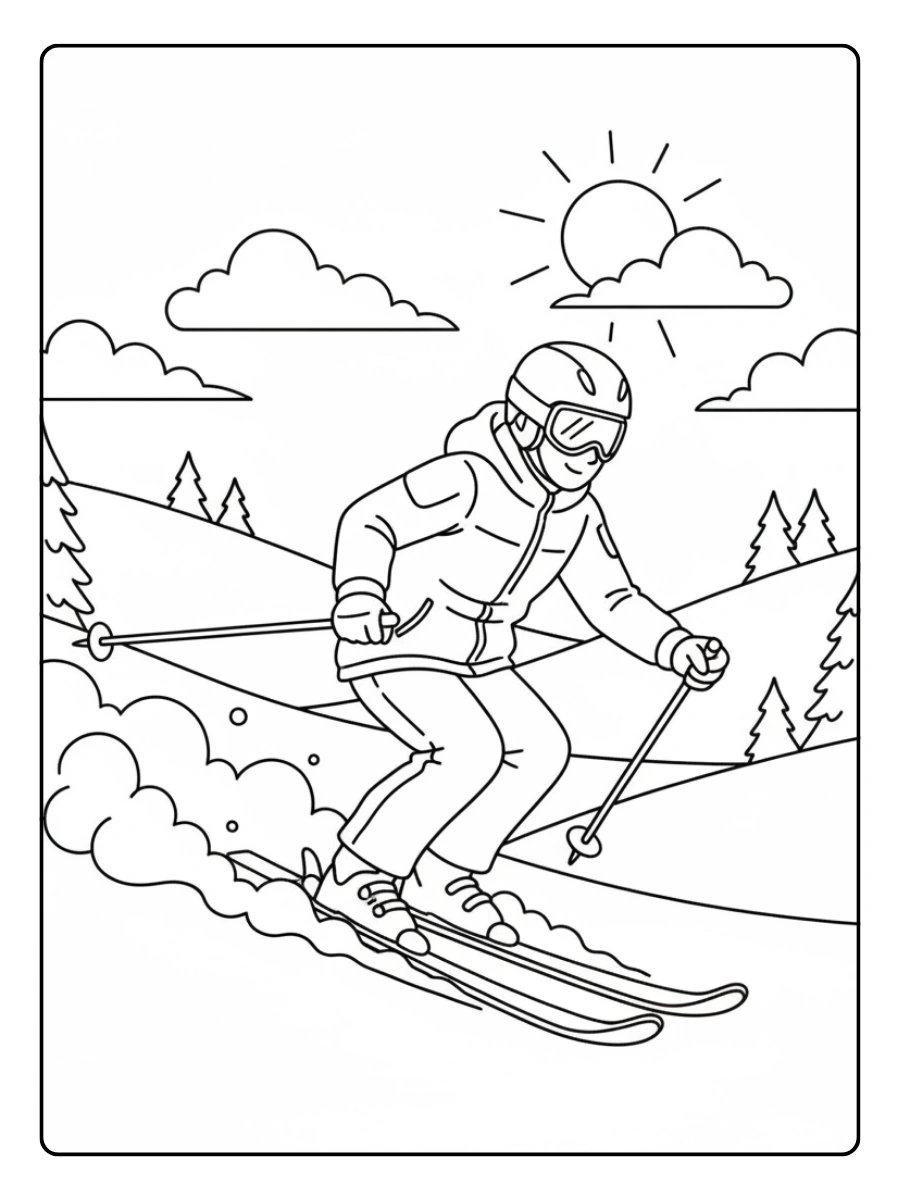 Winter Coloring Pages – Skiing in Winter