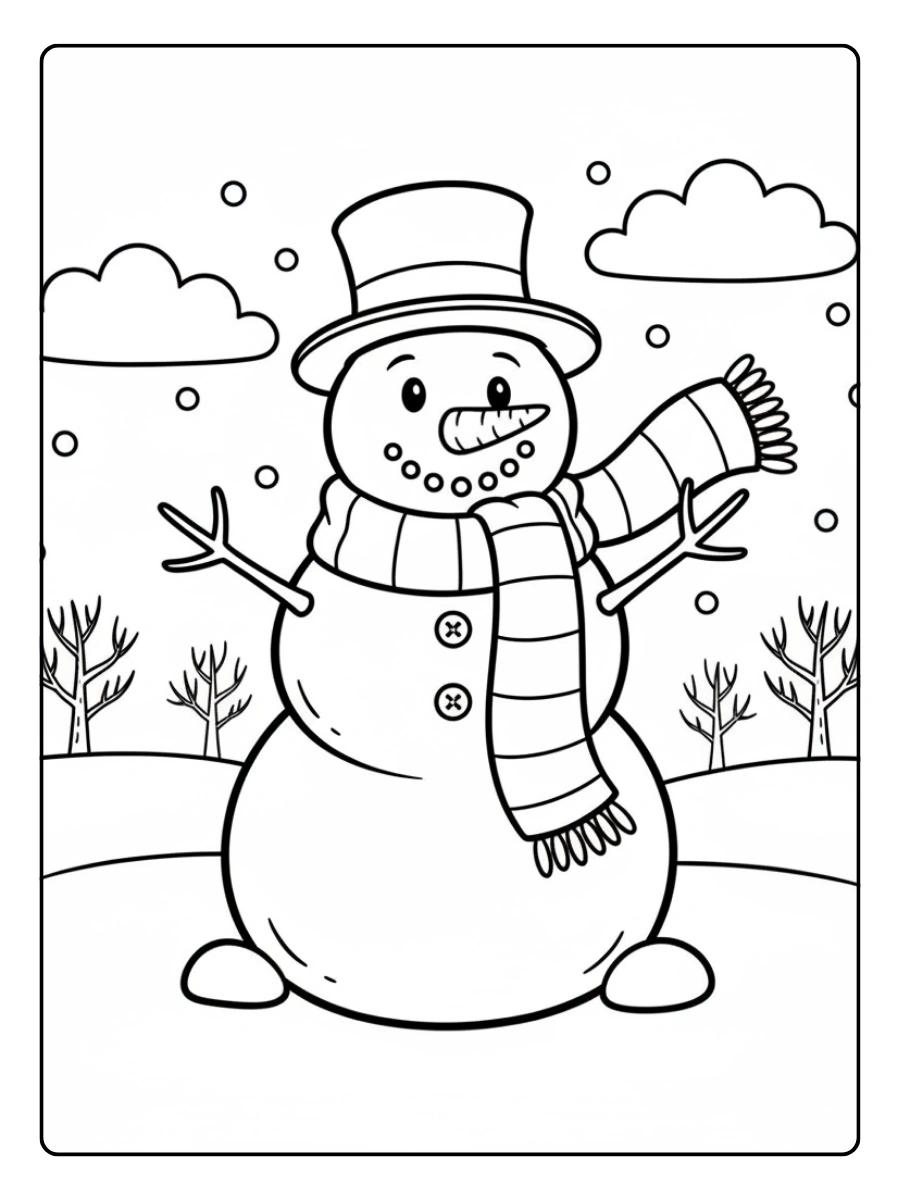 Winter Coloring Pages – Snowman with Scarf