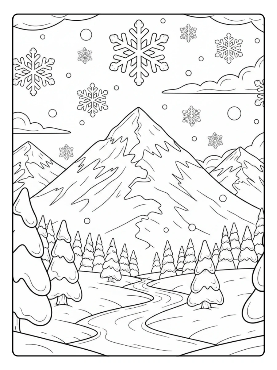 Winter Coloring Pages – Snowy Mountain Landscape