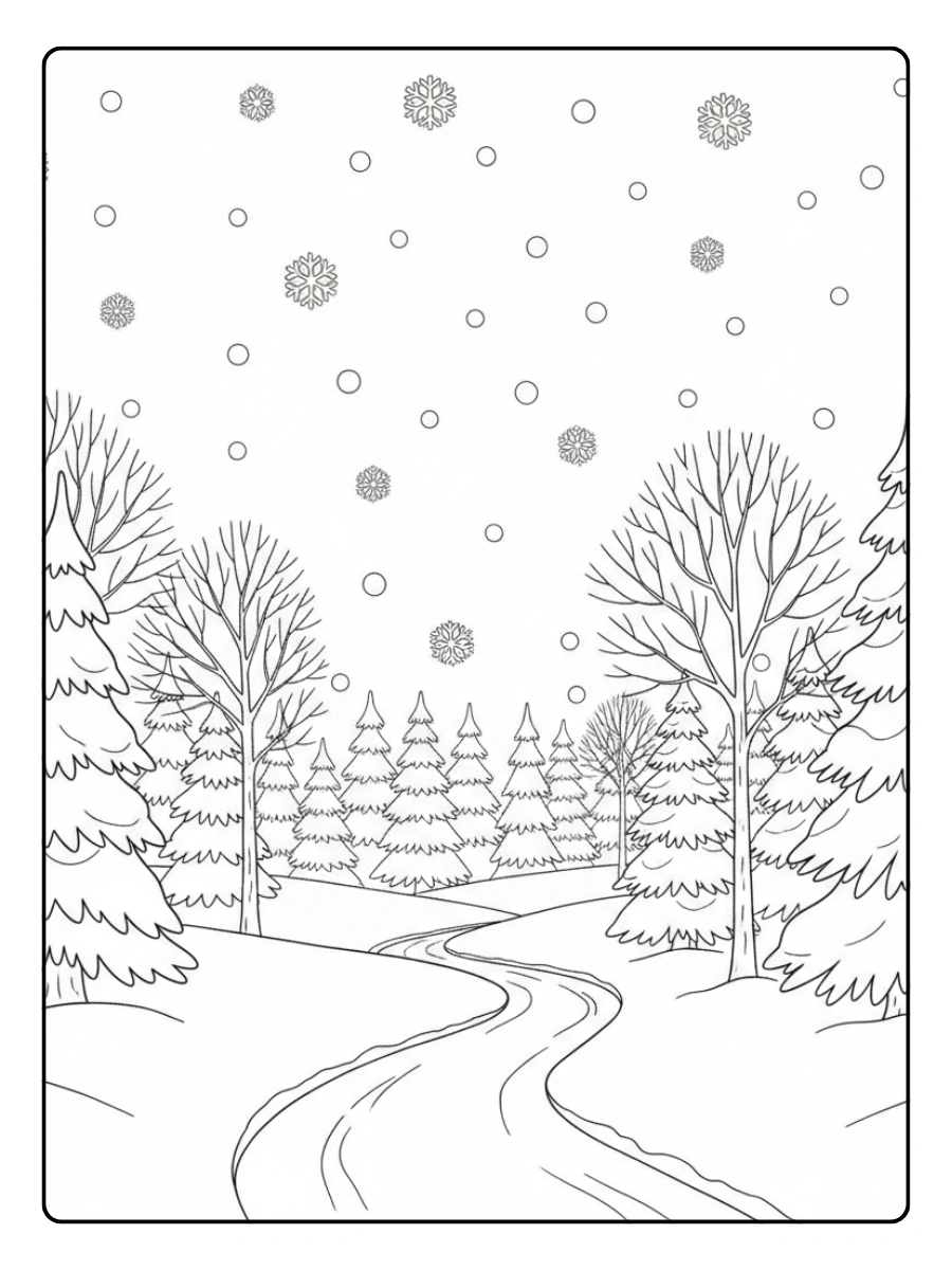 Winter Coloring Pages – Snowy Trees and Path