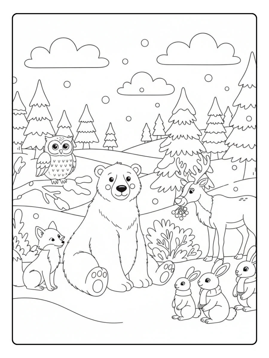 Winter Coloring Pages – Winter Animals in the Forest