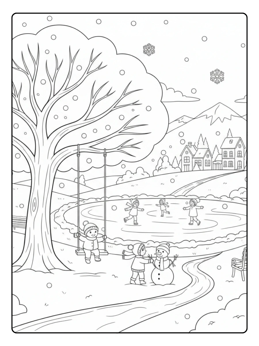 Winter Coloring Pages – Winter Park Scene