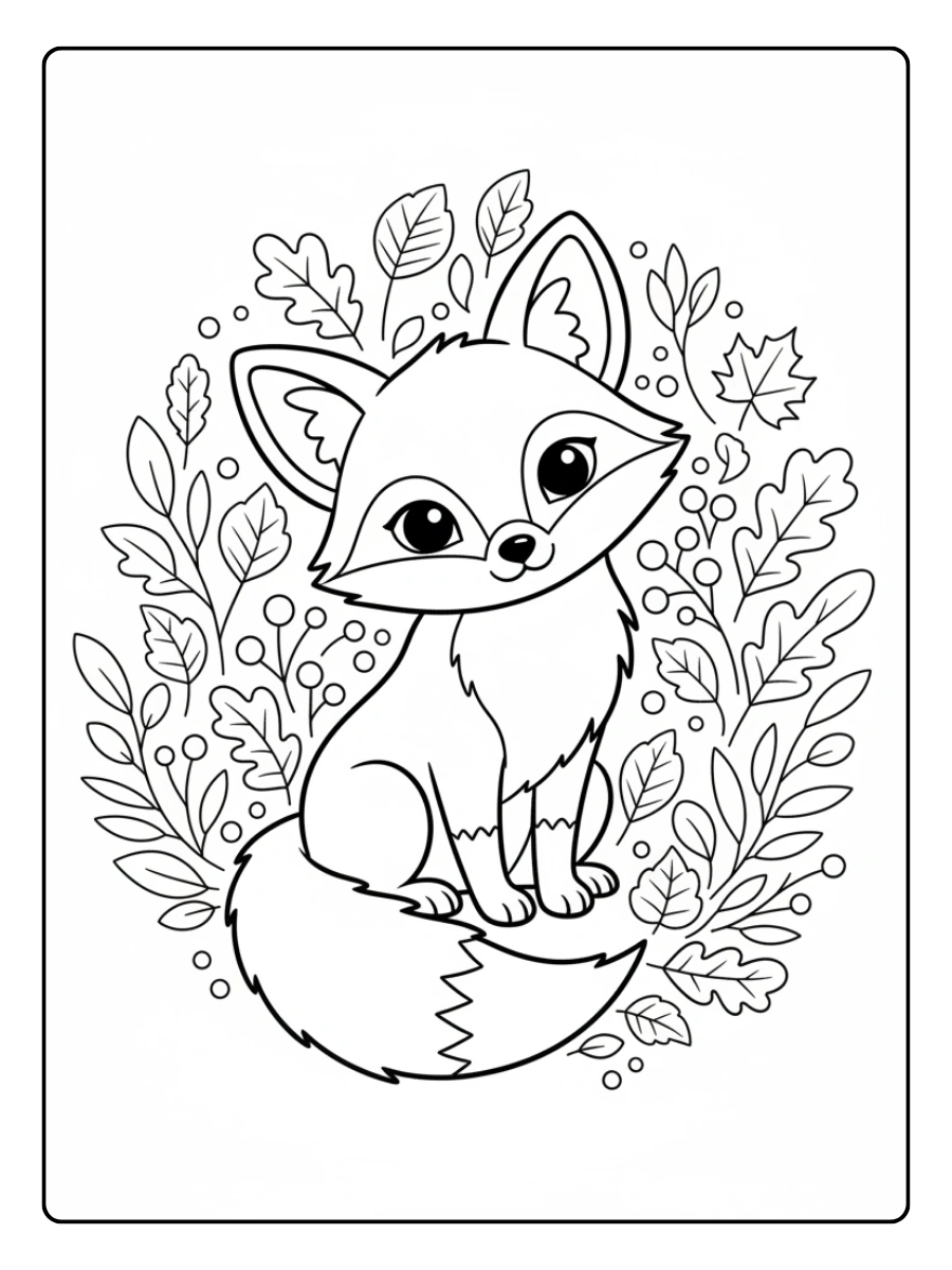 Cute Fox Coloring Pages – Cute Fox with Leaves