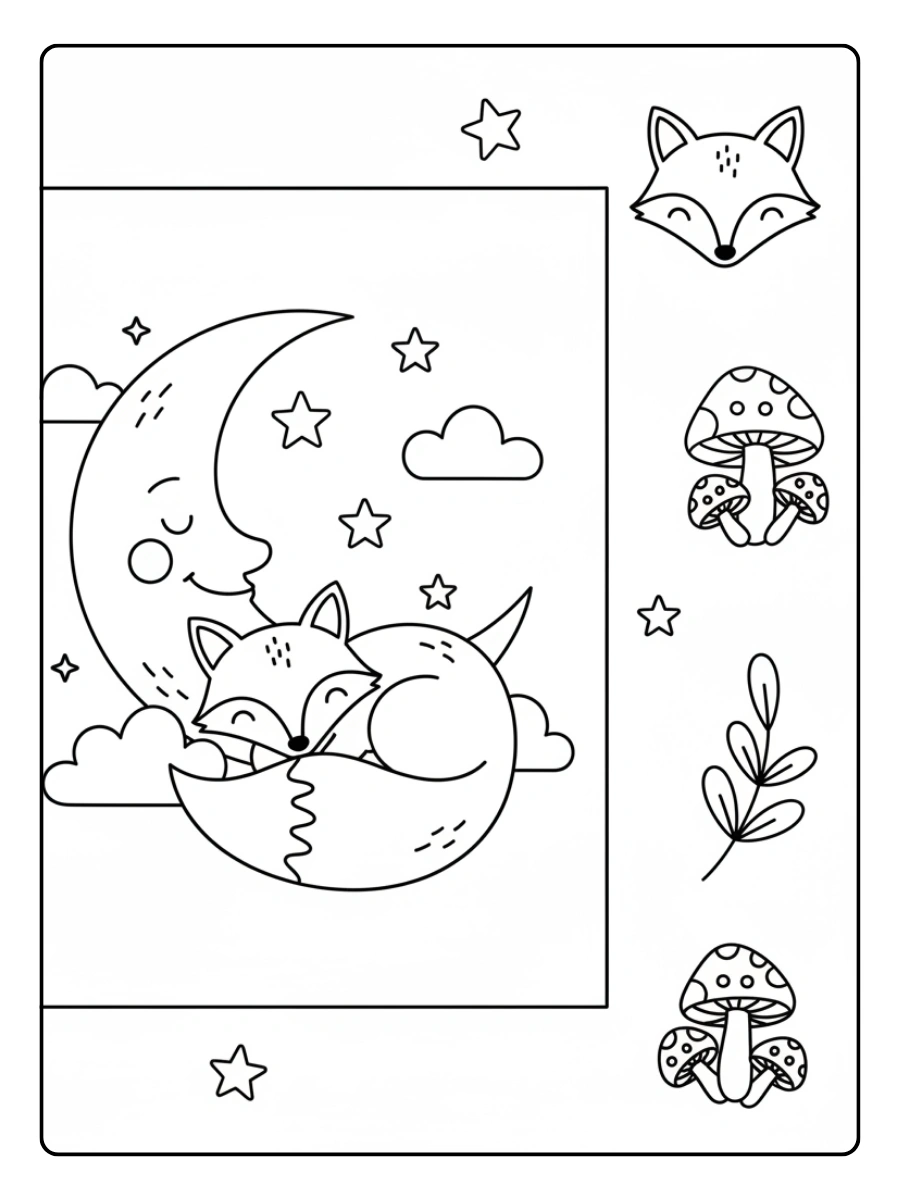 Cute Fox Coloring Pages – Fox and Moon