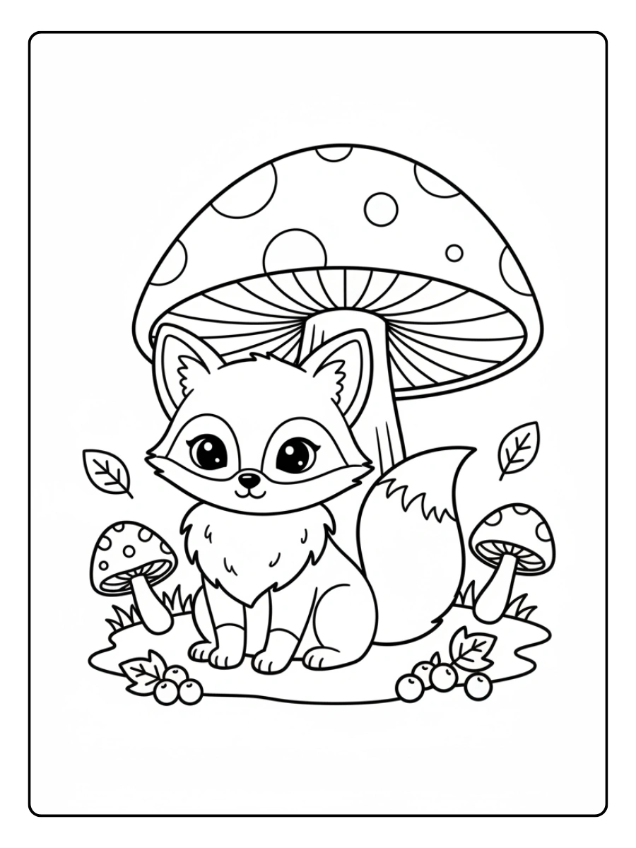 Cute Fox Coloring Pages – Fox with Mushroom