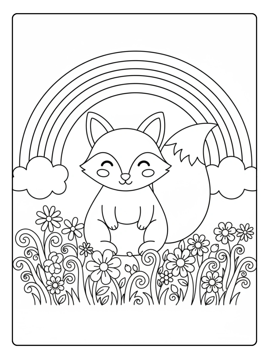 Cute Fox Coloring Pages – Fox with Rainbow