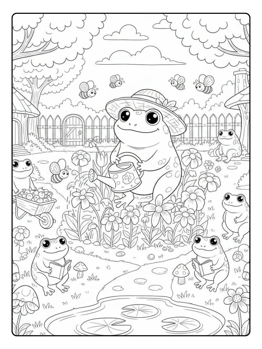 Cute Frog Coloring Pages – Cute Frog Garden Scene