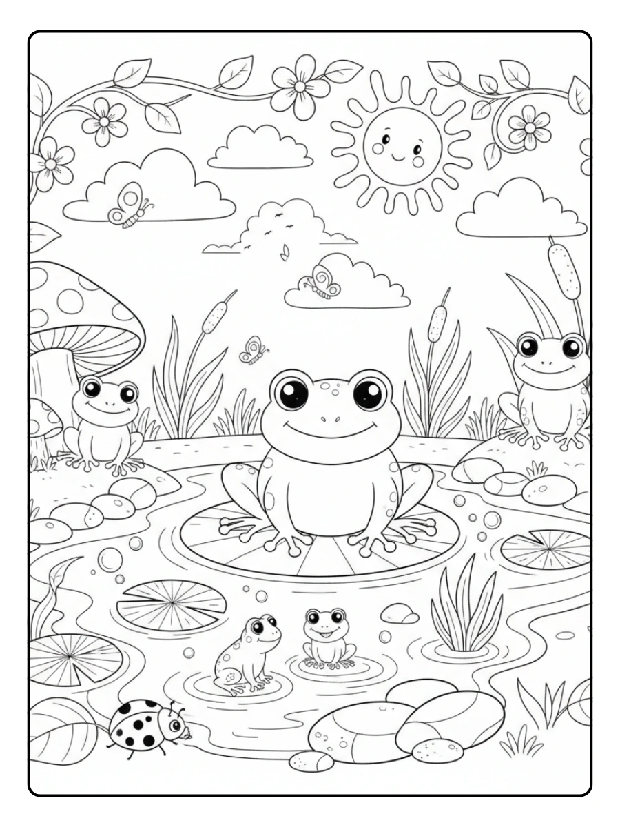 Cute Frog Coloring Pages – Cute Frog Nature Scene