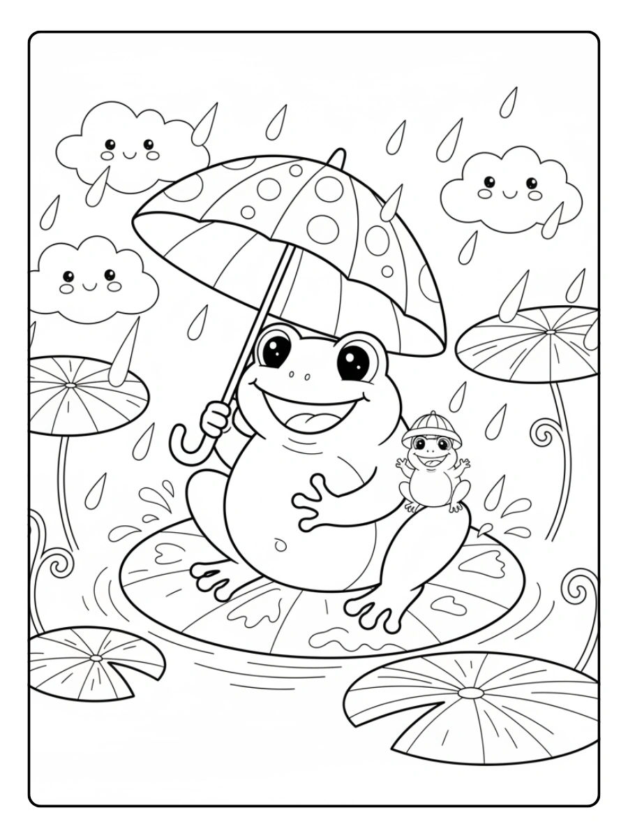 Cute Frog Coloring Pages – Frog Holding Umbrella