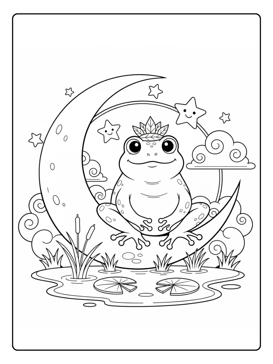 Cute Frog Coloring Pages – Frog and Moon