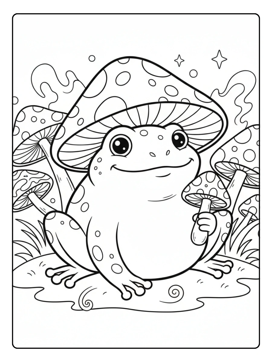 Cute Frog Coloring Pages – Frog with Mushroom
