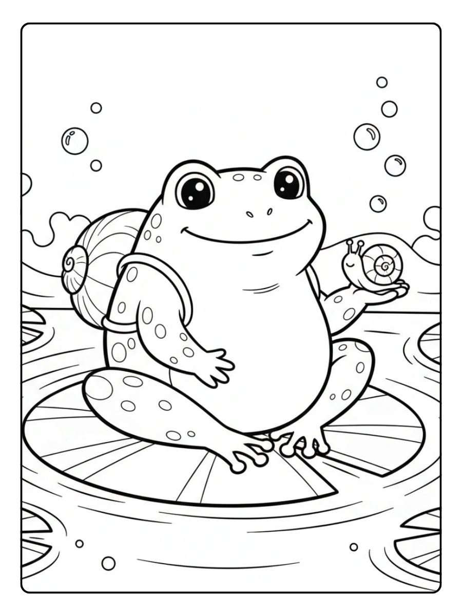 Cute Frog Coloring Pages – Frog with Snail