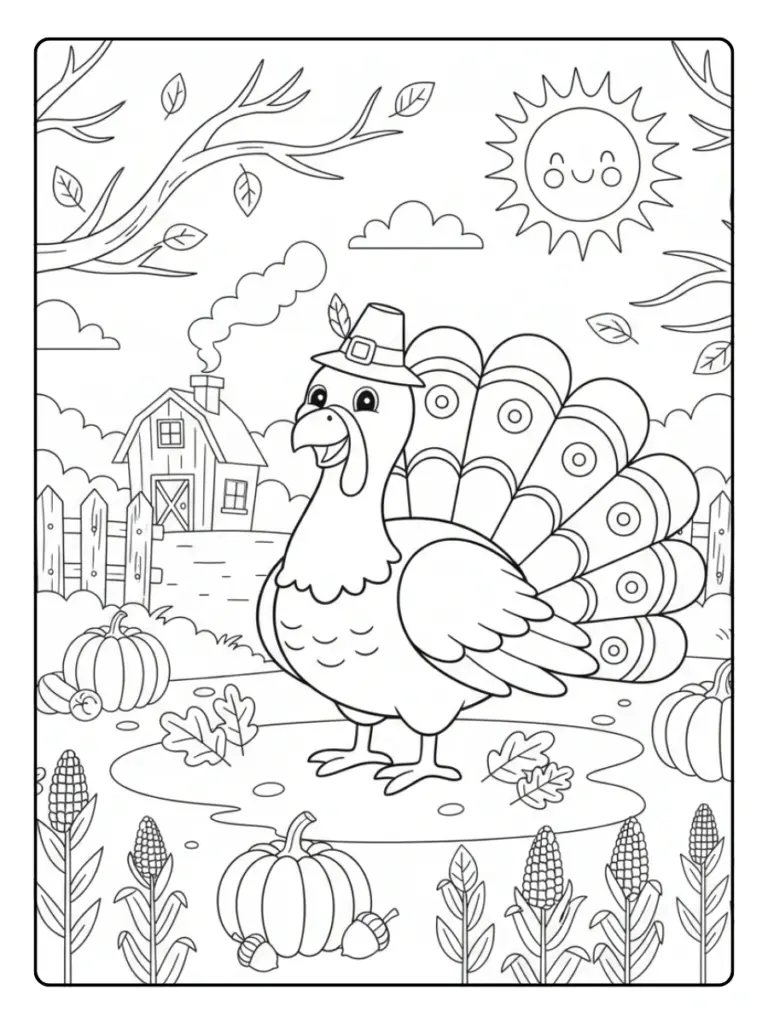 Cute Turkey Coloring Pages – Cute Turkey Fall Scene