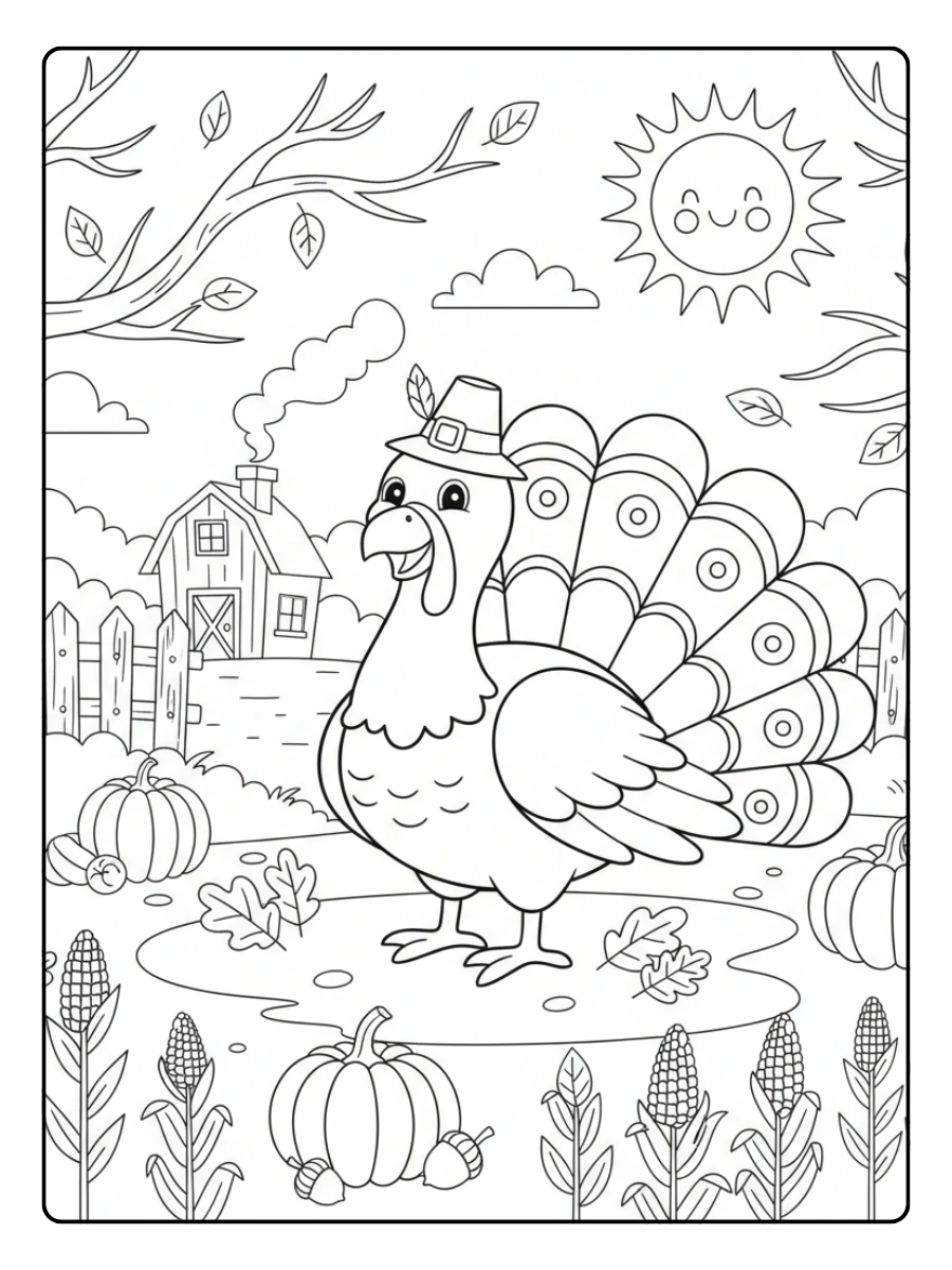 Cute Turkey Coloring Pages – Cute Turkey Fall Scene