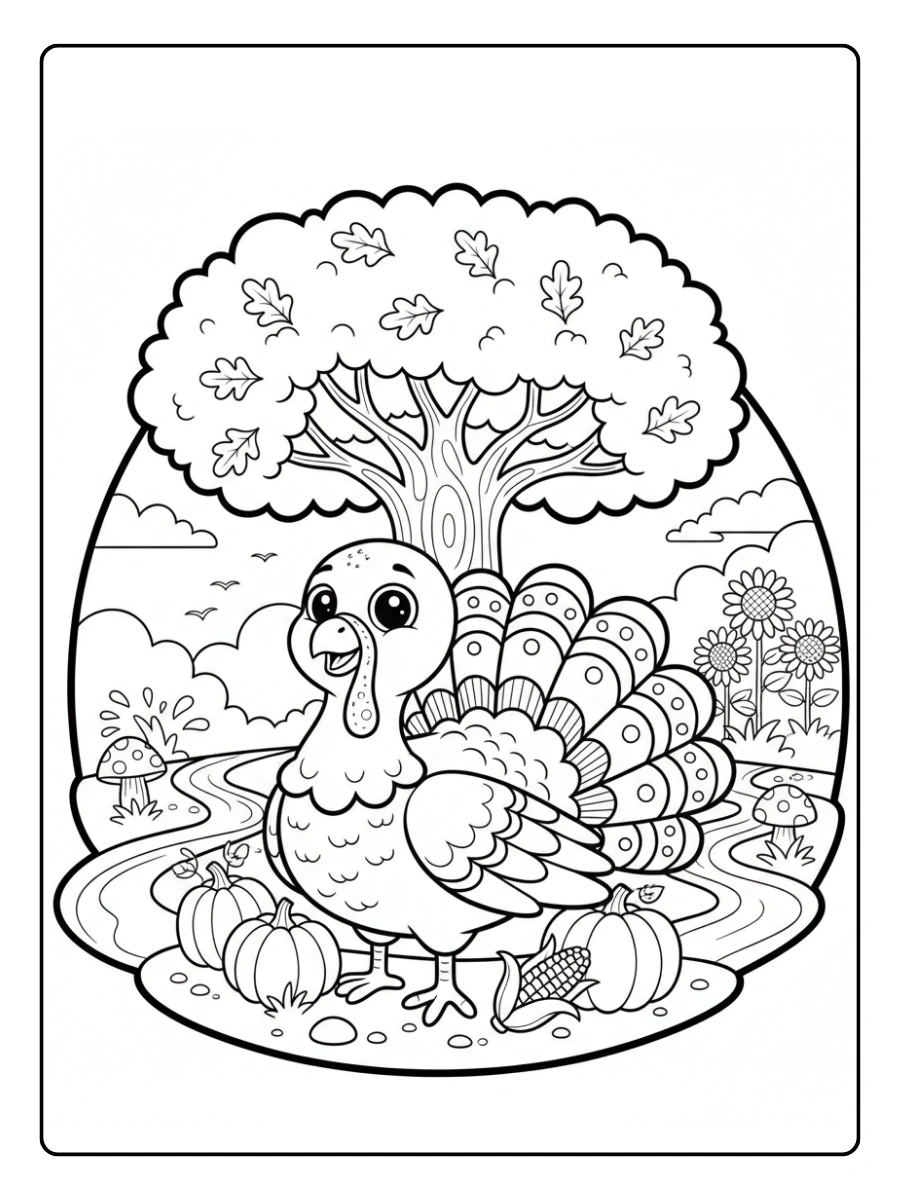 Cute Turkey Coloring Pages – Cute Turkey Nature Scene