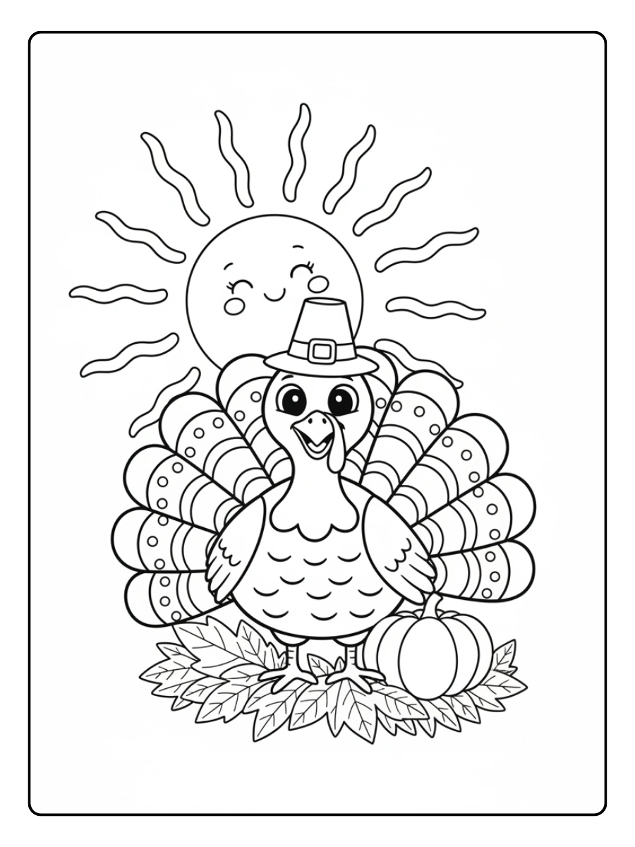 Cute Turkey Coloring Pages – Turkey and Sun