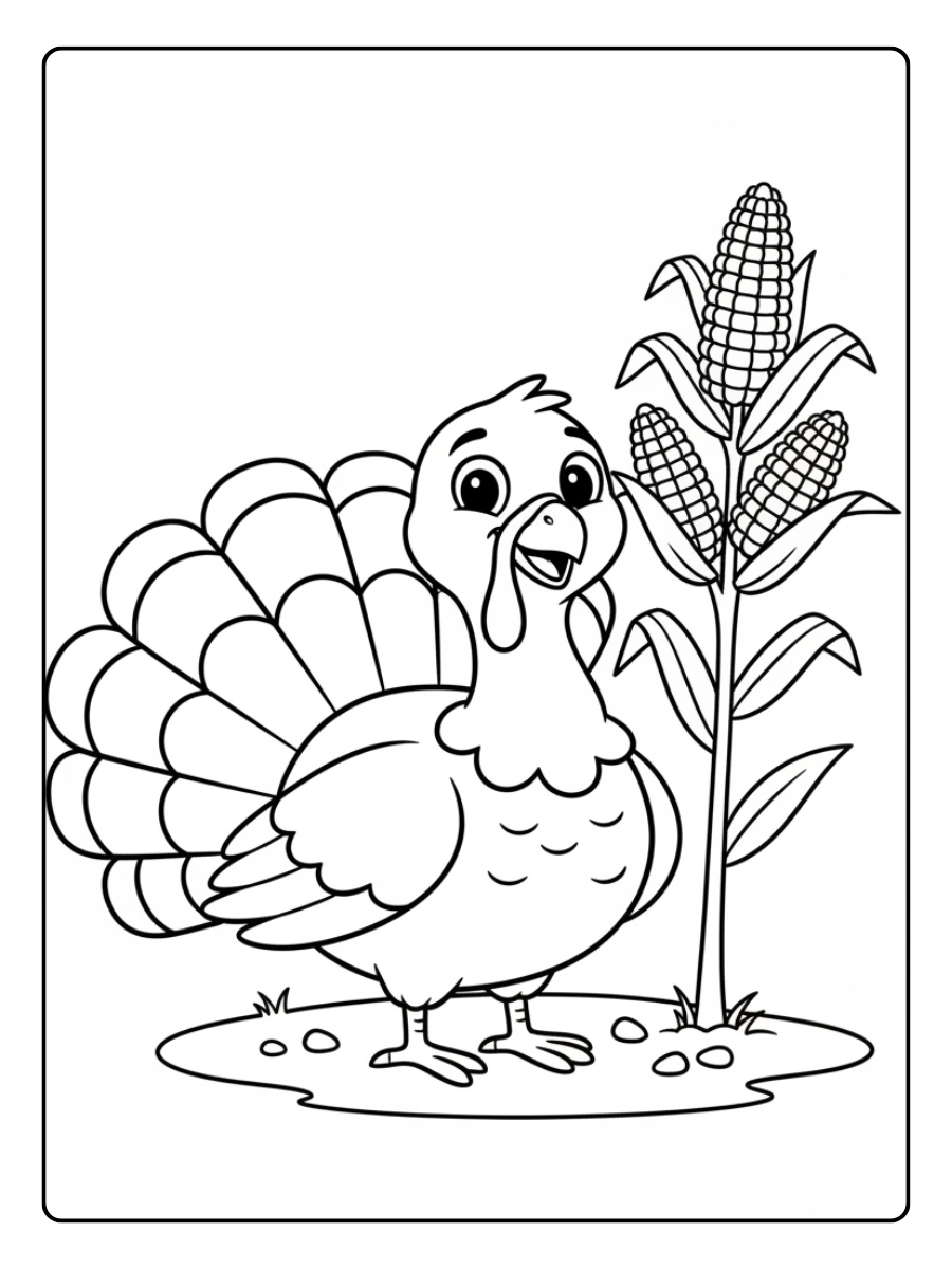 Cute Turkey Coloring Pages – Turkey with Corn