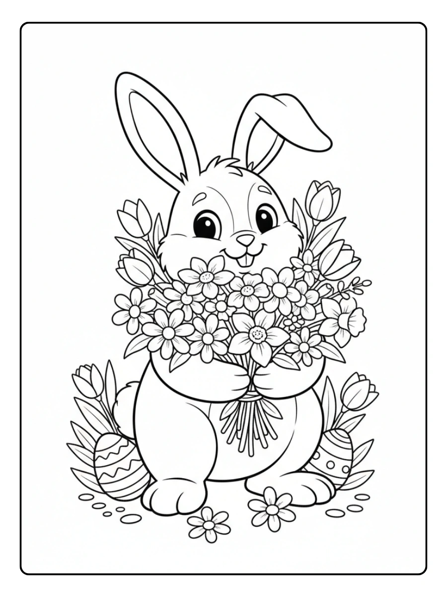 Easter Bunny Coloring Pages – Bunny with Flowers