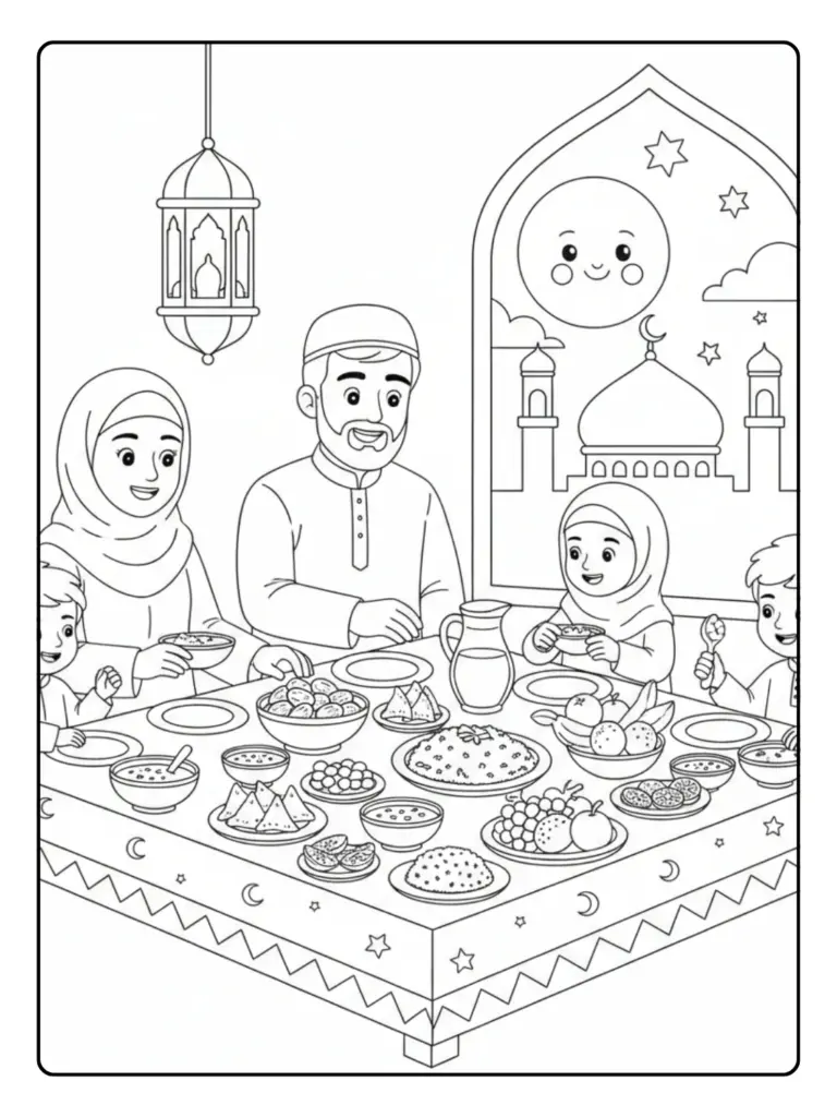 Family Iftar Dinner Coloring Page