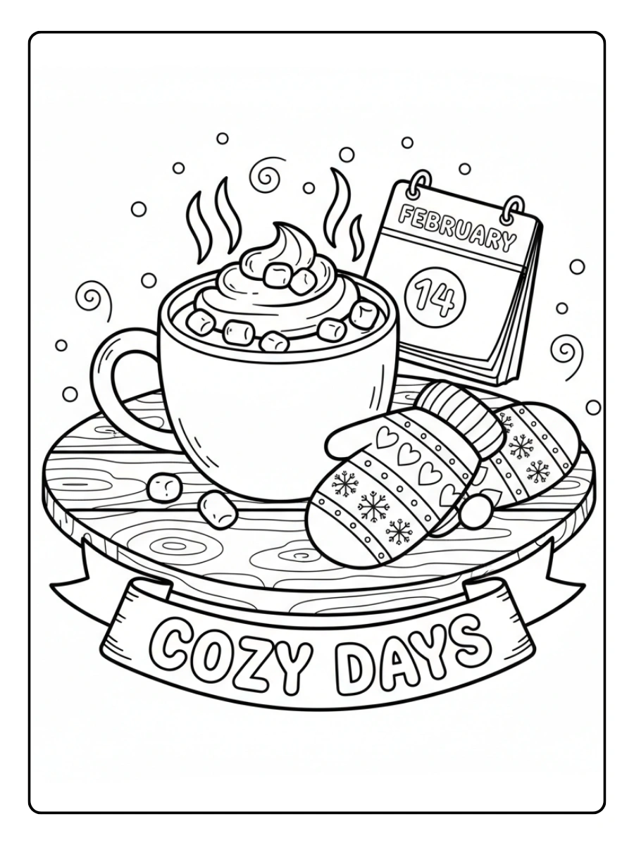 February Coloring Pages – Cozy Hot Cocoa and Mittens Scene