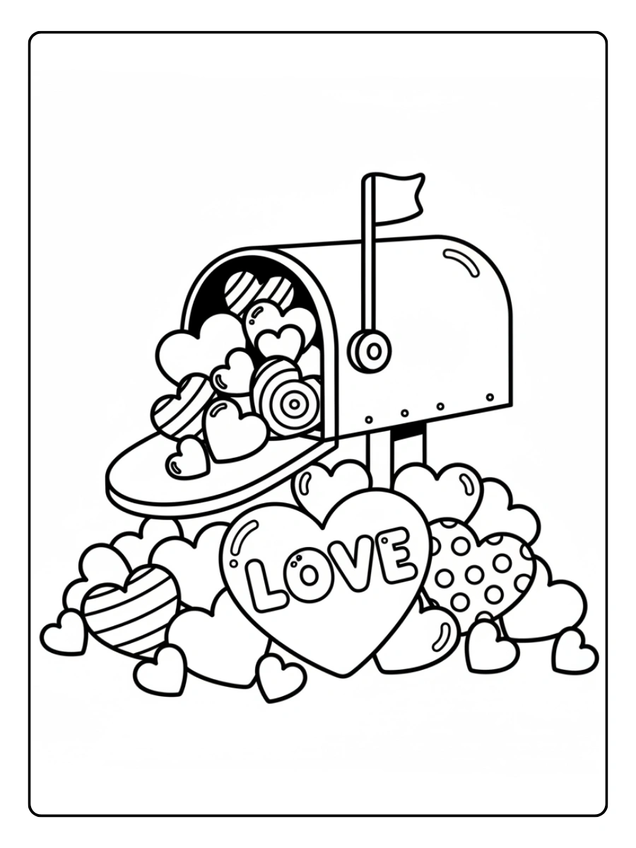 February Coloring Pages – Valentine Heart Mailbox with Hearts