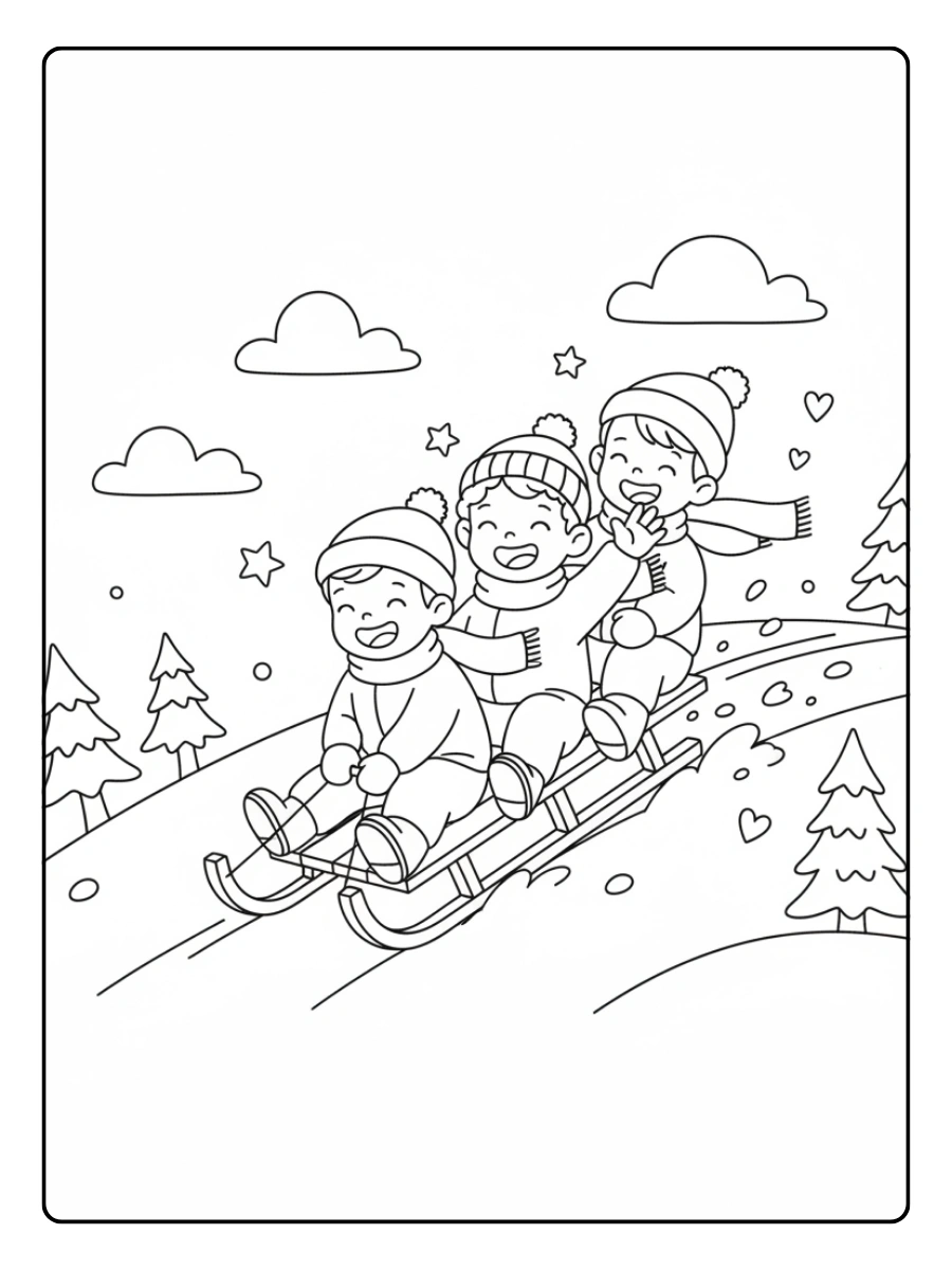 February Coloring Pages – Winter Sledding Adventure with Friends