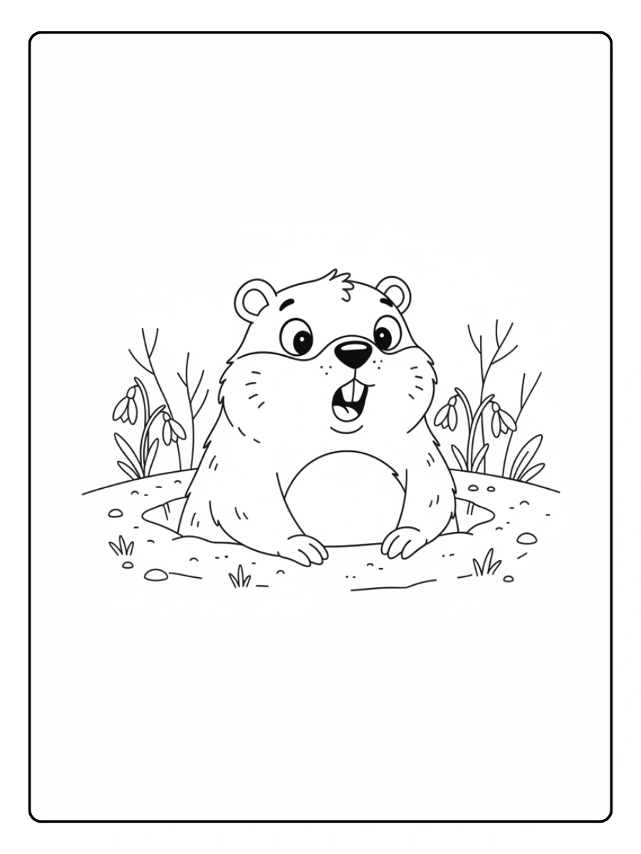 Groundhog Day Coloring Pages – Groundhog Emerging from Burrow Surprise