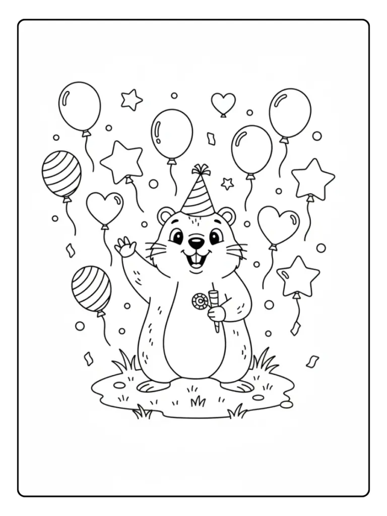 Groundhog Day Coloring Pages – Groundhog Party with Balloons and Confetti
