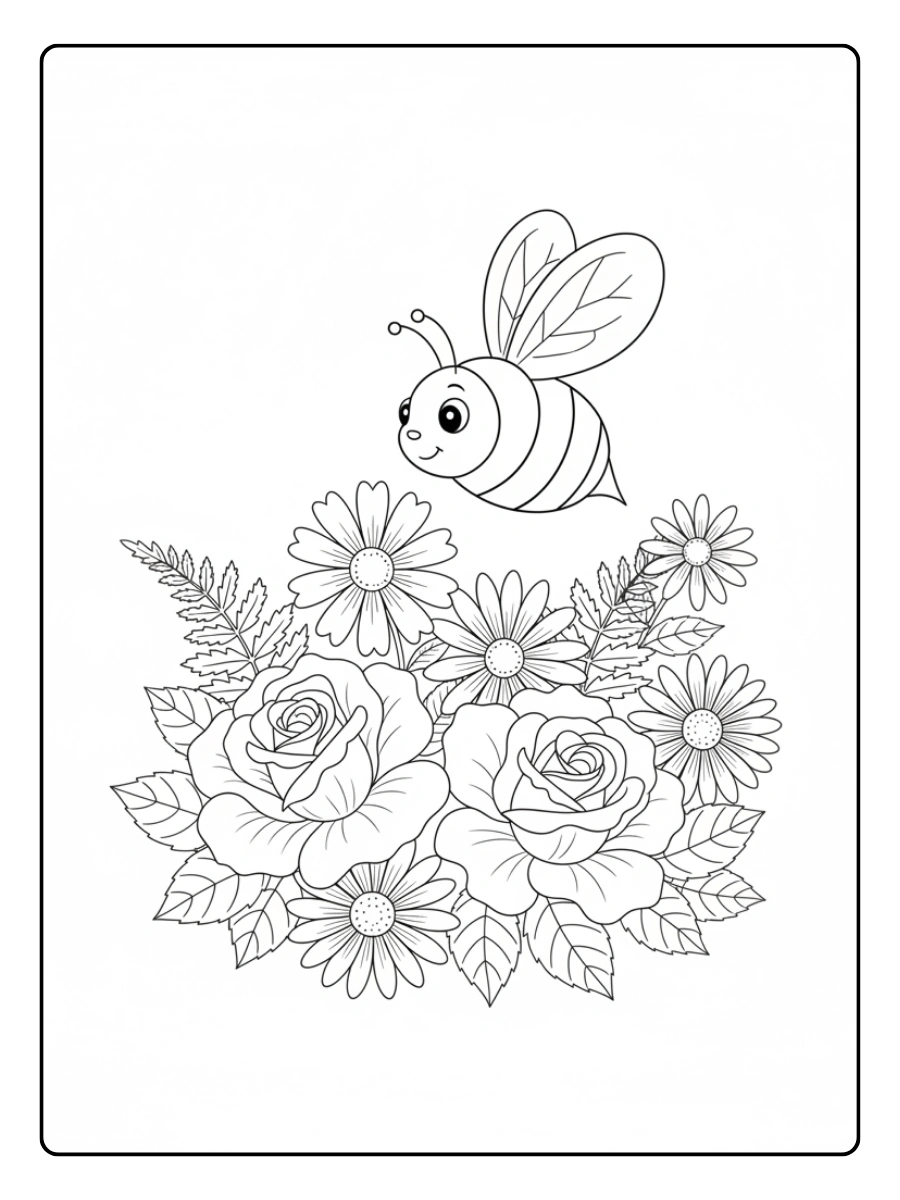 Nature Coloring Pages – Bee and Flowers