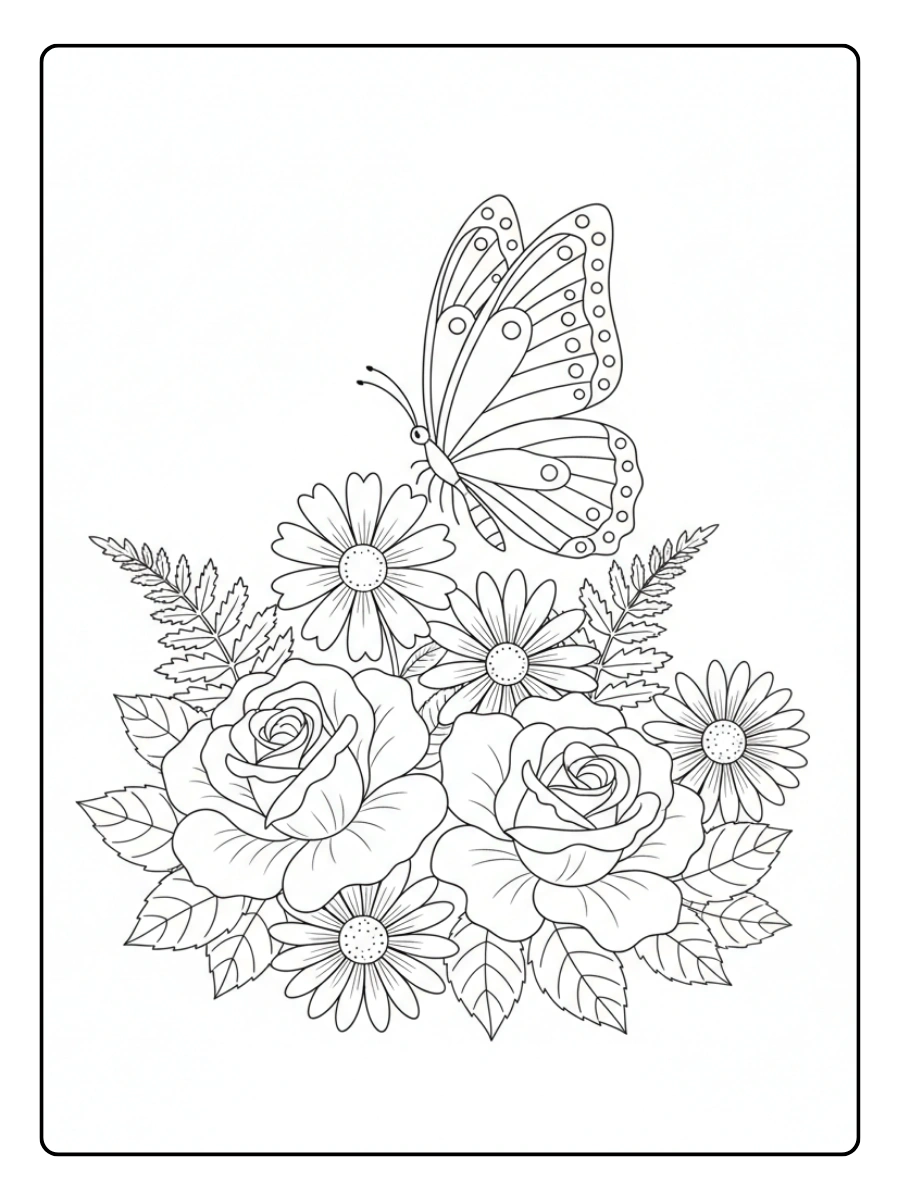Nature Coloring Pages – Butterfly and Flowers